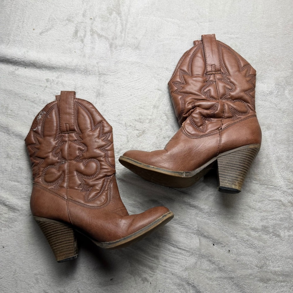 Faith‎ Womens Brown Western Cowgirl Ankle Boots Stacked Heel Size 6.5 20240